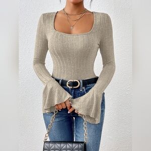 Elegant Beige Ribbed Flare Sleeve Top